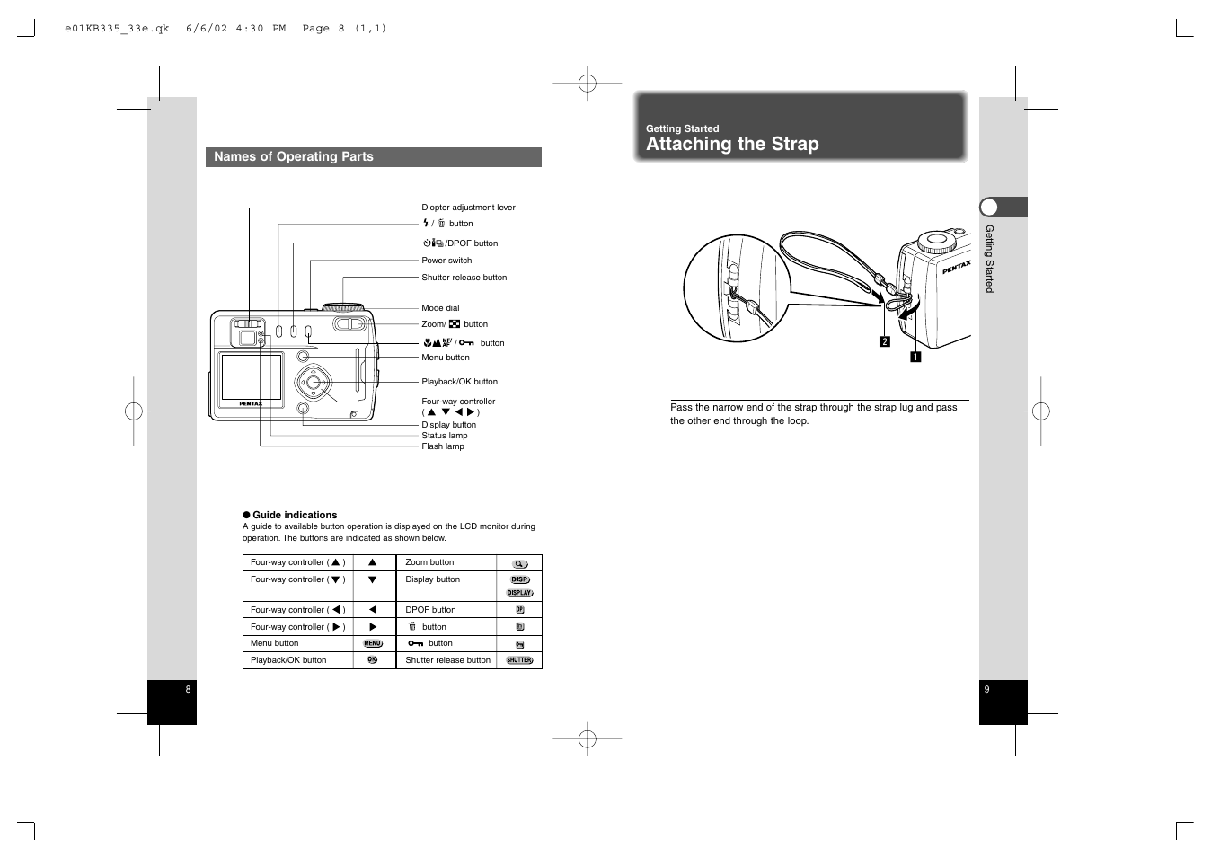 Attaching the strap | Pentax 330RS User Manual | Page 6 / 70