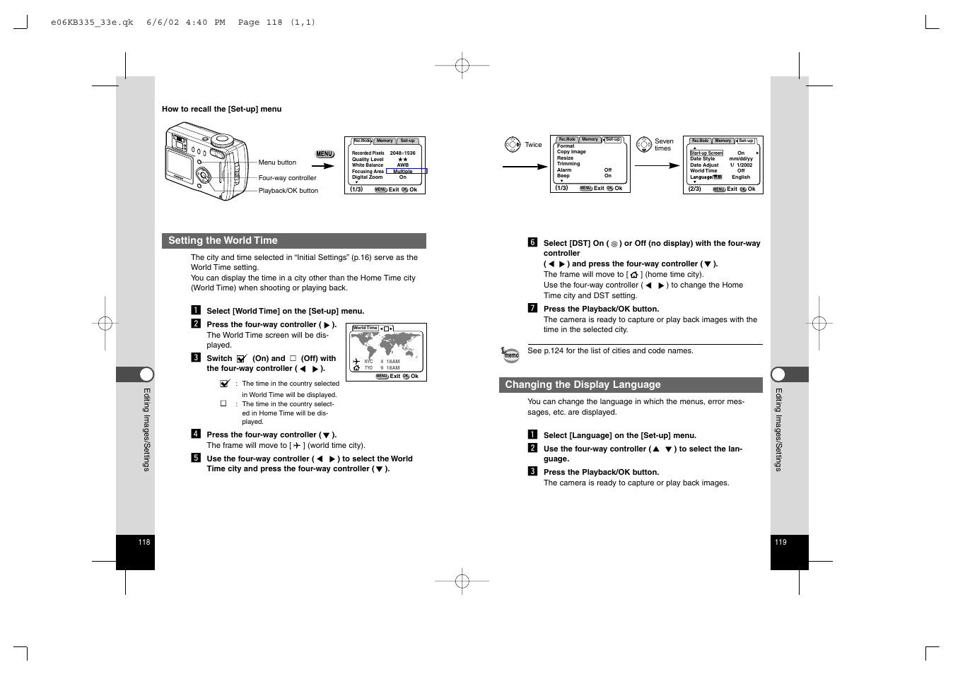 Changing the display language, Setting the world time | Pentax 330RS User Manual | Page 61 / 70