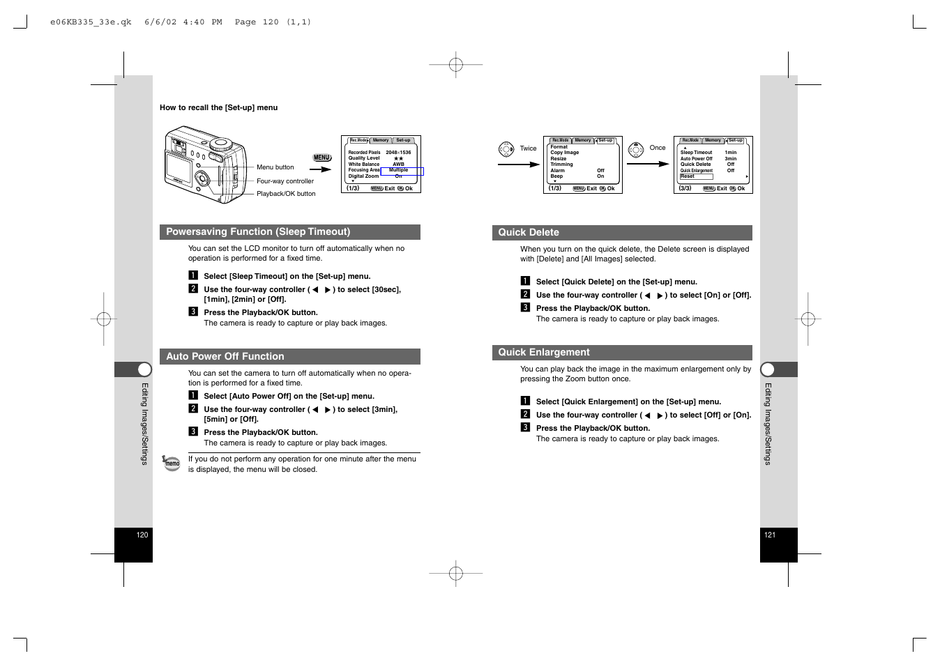 Quick delete, Quick enlargement, Powersaving function (sleep timeout) | Auto power off function | Pentax 330RS User Manual | Page 62 / 70