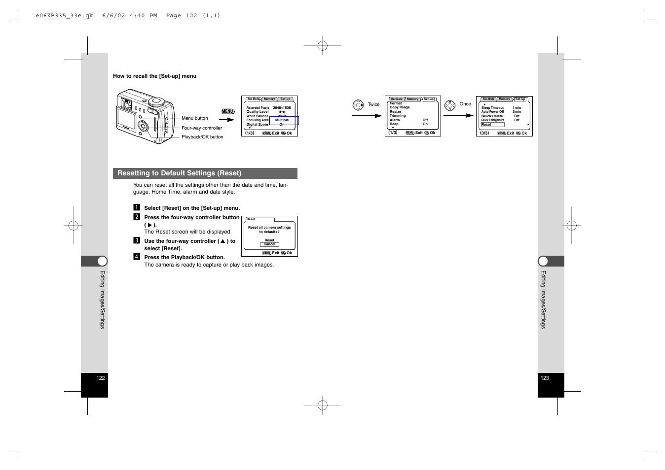 Resetting to default settings (reset) | Pentax 330RS User Manual | Page 63 / 70