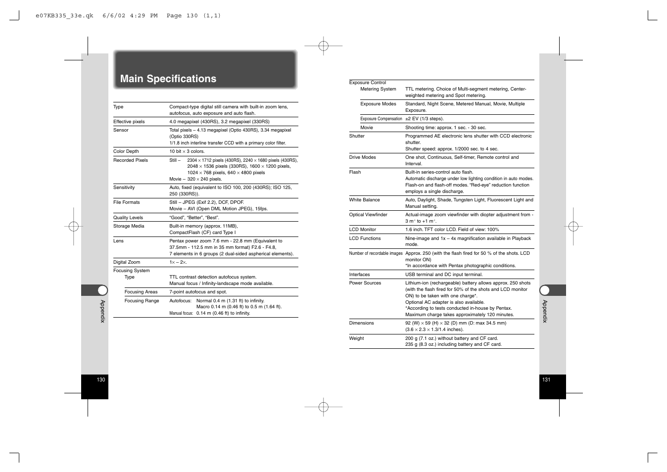 Main specifications | Pentax 330RS User Manual | Page 67 / 70