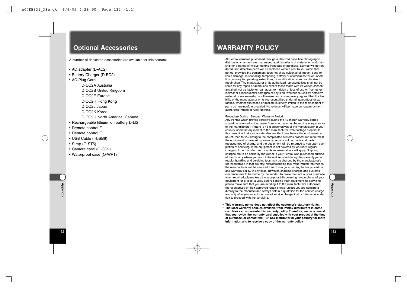 Warranty policy, Optional accessories | Pentax 330RS User Manual | Page 68 / 70