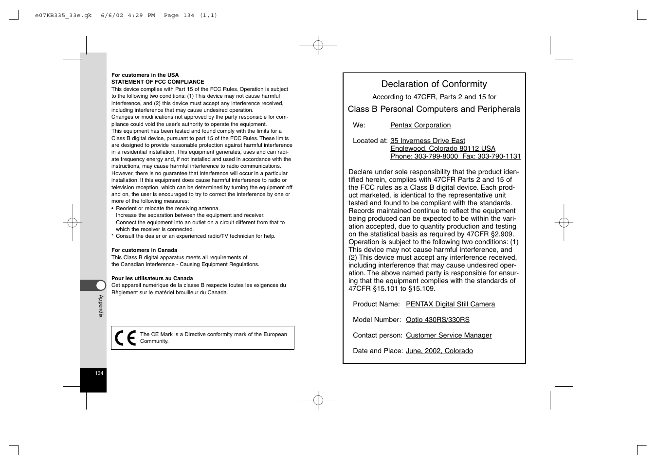 Declaration of conformity | Pentax 330RS User Manual | Page 69 / 70