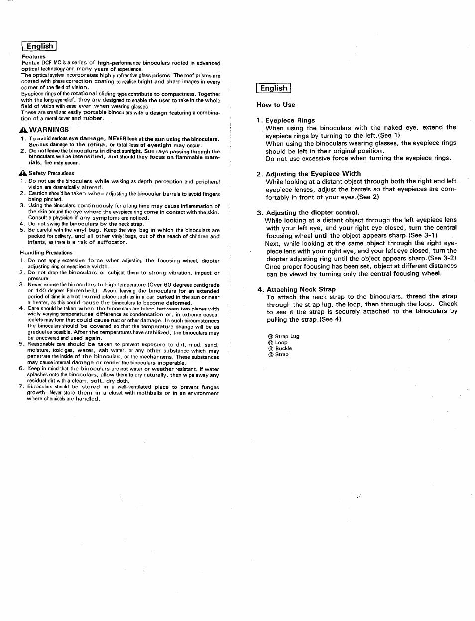 How to use, Eyepiece rings, Adjusting the eyepiece width | Adjusting the diopter control, Attaching neck strap, Awarimings, English | Pentax 8.22 User Manual | Page 4 / 7