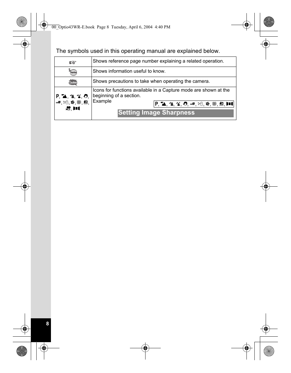Setting image sharpness | Pentax Optio Digital Camera 43WR User Manual | Page 10 / 128