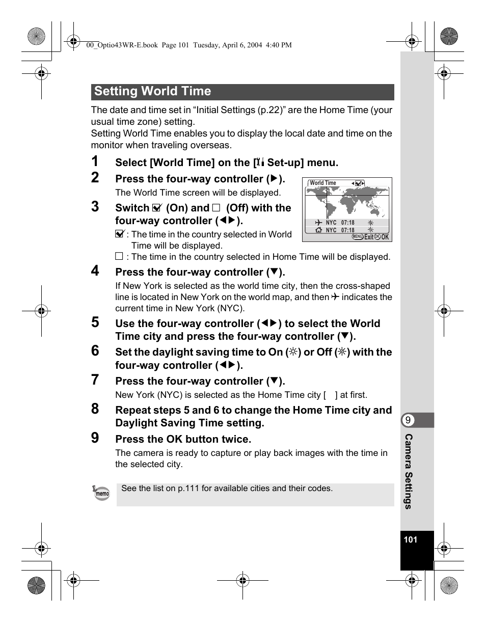 Setting world time | Pentax Optio Digital Camera 43WR User Manual | Page 103 / 128