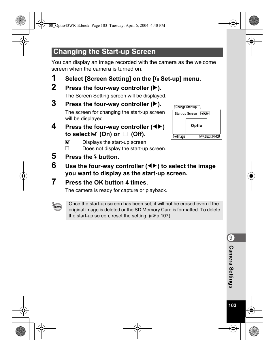 Changing the start-up screen | Pentax Optio Digital Camera 43WR User Manual | Page 105 / 128