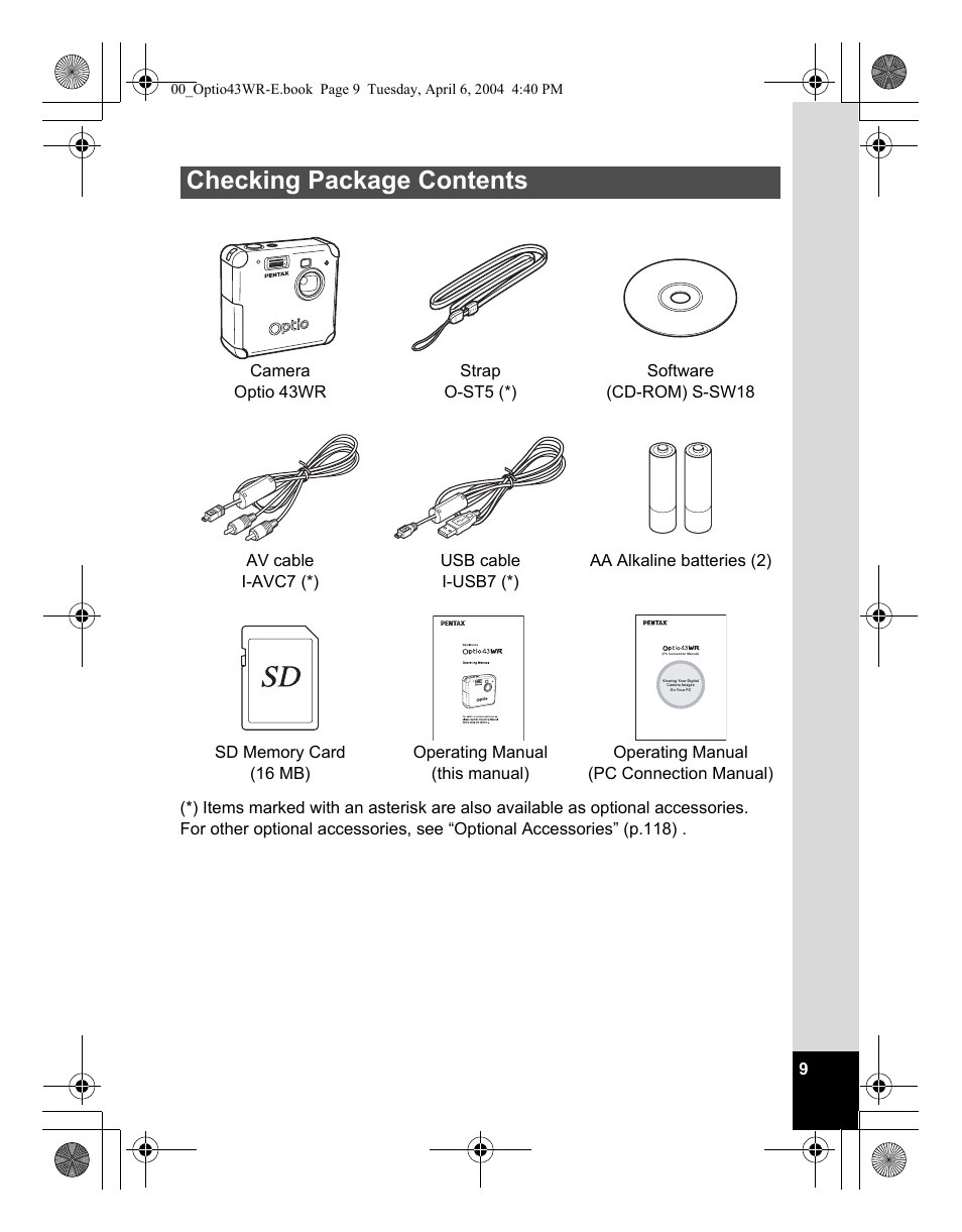 Checking package contents | Pentax Optio Digital Camera 43WR User Manual | Page 11 / 128