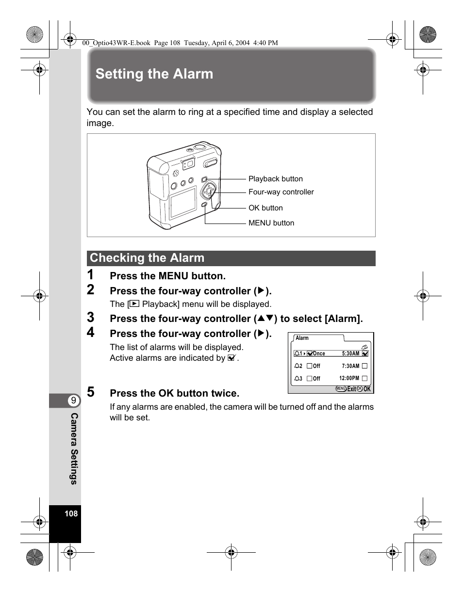 Setting the alarm, Checking the alarm | Pentax Optio Digital Camera 43WR User Manual | Page 110 / 128