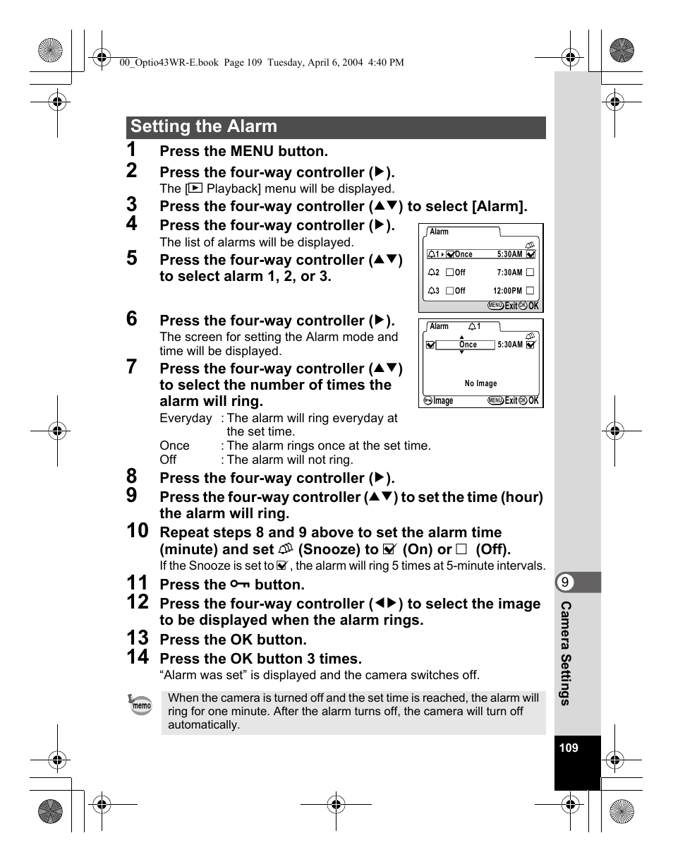 Setting the alarm | Pentax Optio Digital Camera 43WR User Manual | Page 111 / 128