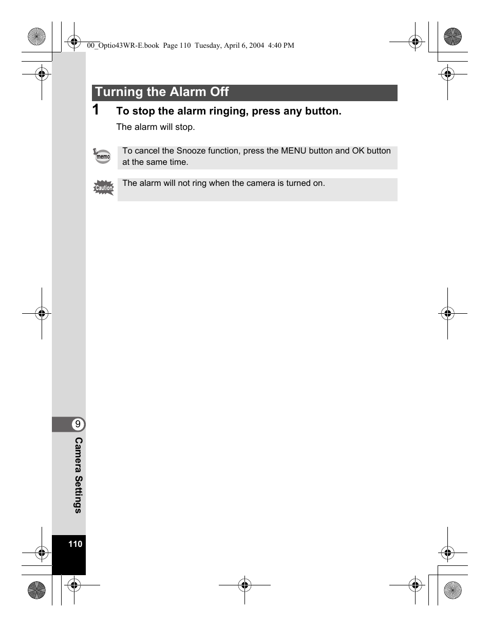 Turning the alarm off | Pentax Optio Digital Camera 43WR User Manual | Page 112 / 128