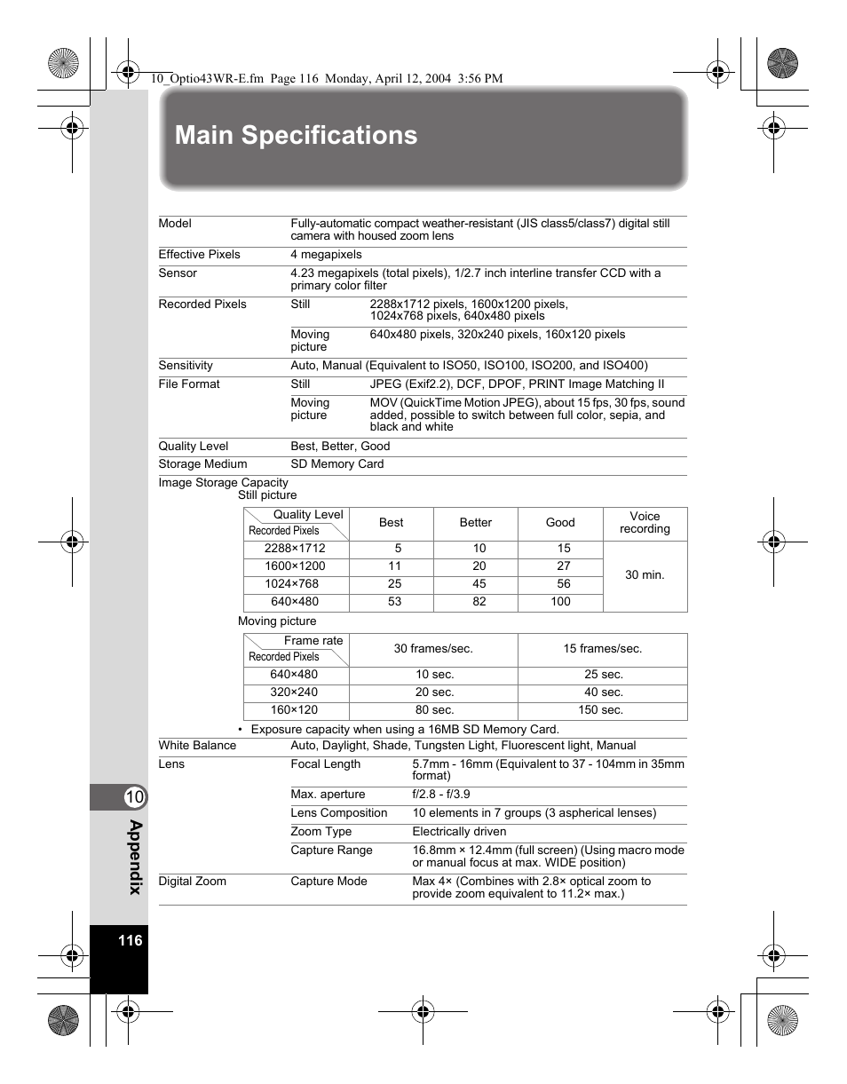 Main specifications, 10 appendix | Pentax Optio Digital Camera 43WR User Manual | Page 118 / 128