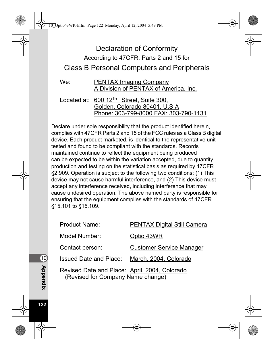 Declaration of conformity, Class b personal computers and peripherals | Pentax Optio Digital Camera 43WR User Manual | Page 124 / 128