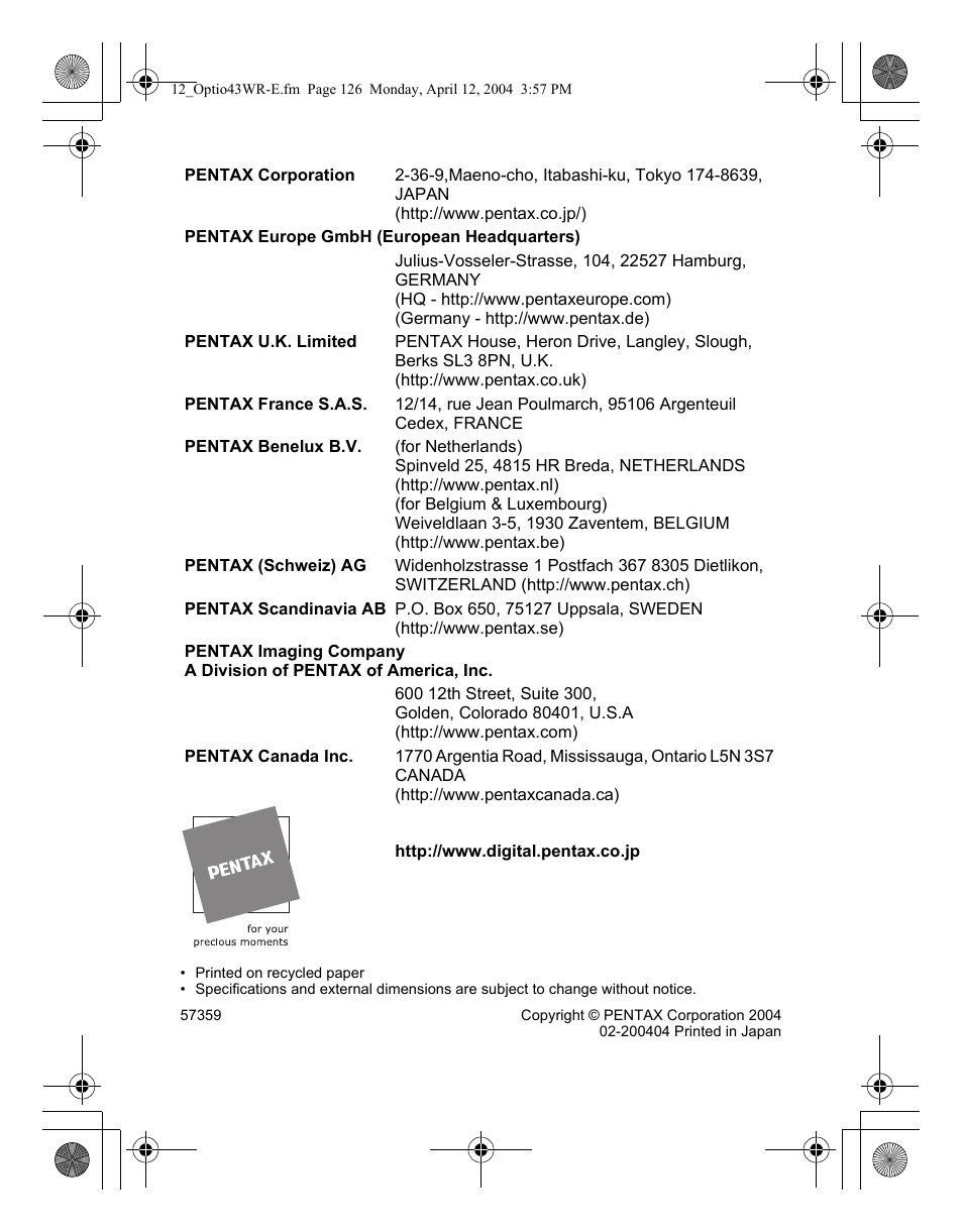 Pentax Optio Digital Camera 43WR User Manual | Page 128 / 128