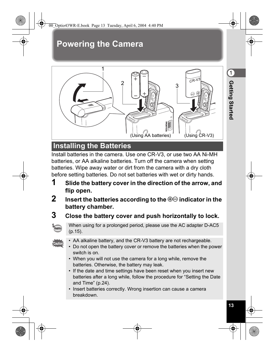 Powering the camera, Installing the batteries | Pentax Optio Digital Camera 43WR User Manual | Page 15 / 128