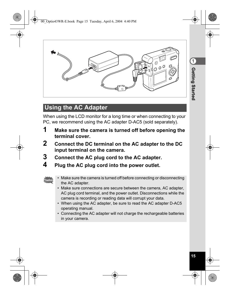 Using the ac adapter | Pentax Optio Digital Camera 43WR User Manual | Page 17 / 128