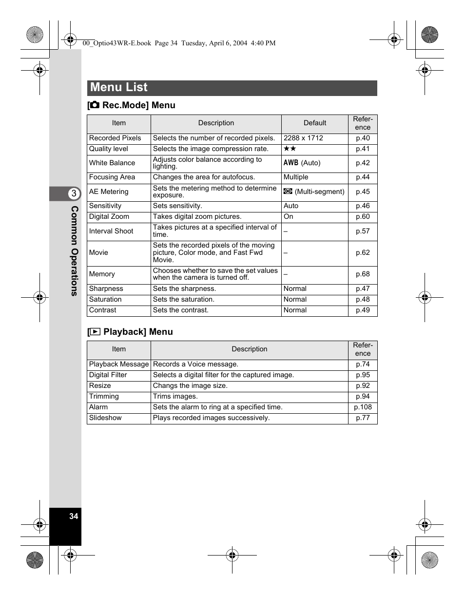 Menu list | Pentax Optio Digital Camera 43WR User Manual | Page 36 / 128