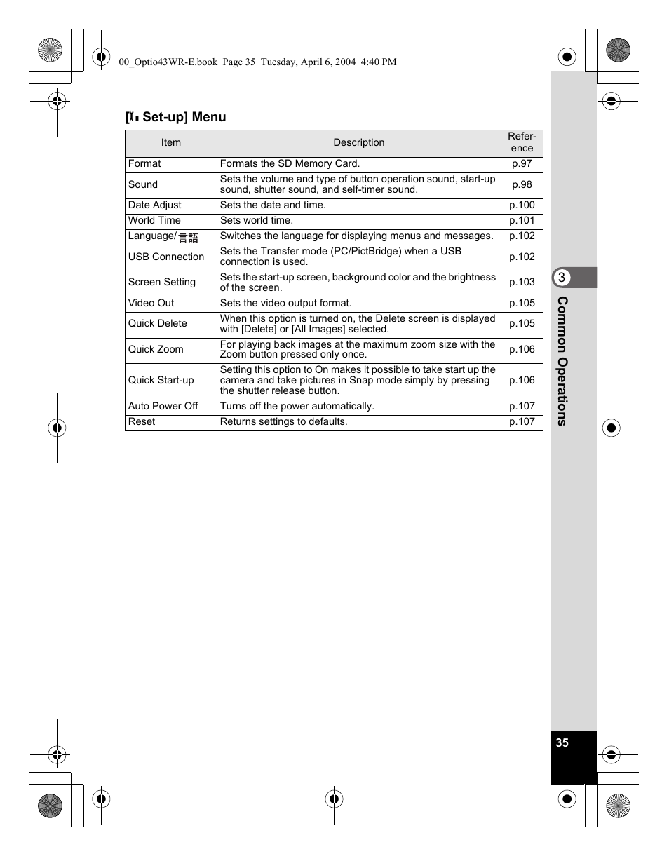 3co mmo n oper atio ns [ b set-up] menu | Pentax Optio Digital Camera 43WR User Manual | Page 37 / 128