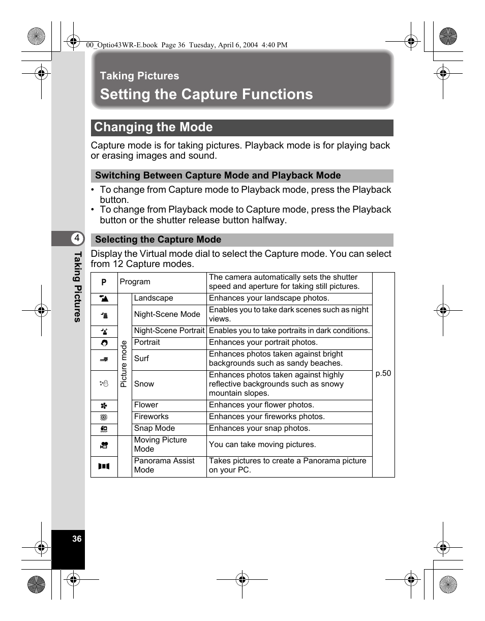 Setting the capture functions, Changing the mode, Taking pictures | Pentax Optio Digital Camera 43WR User Manual | Page 38 / 128