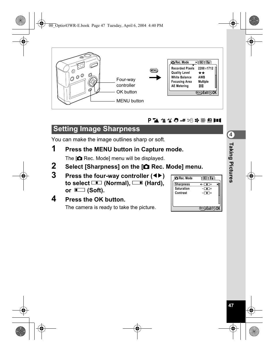 Setting image sharpness | Pentax Optio Digital Camera 43WR User Manual | Page 49 / 128