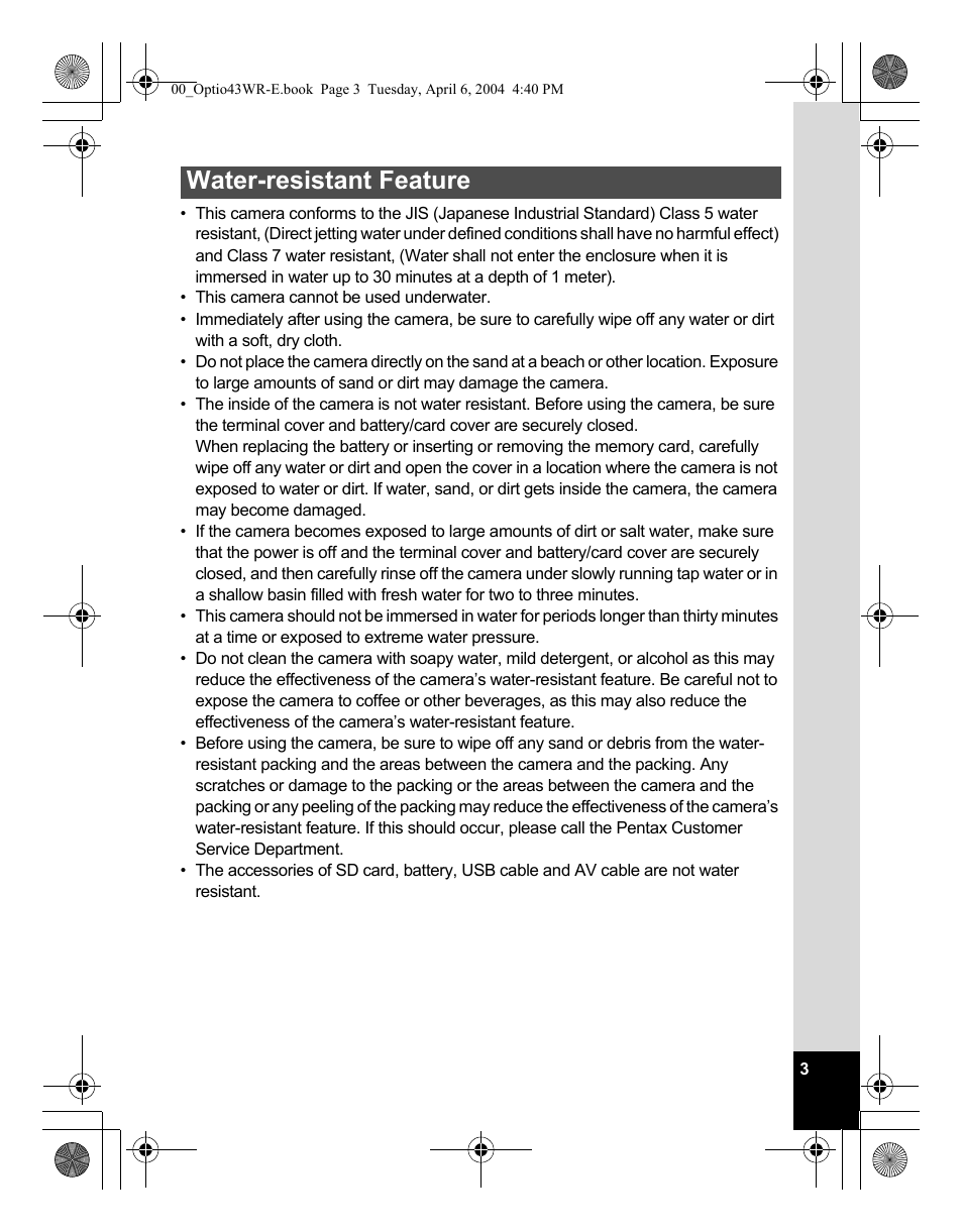 Water-resistant feature | Pentax Optio Digital Camera 43WR User Manual | Page 5 / 128