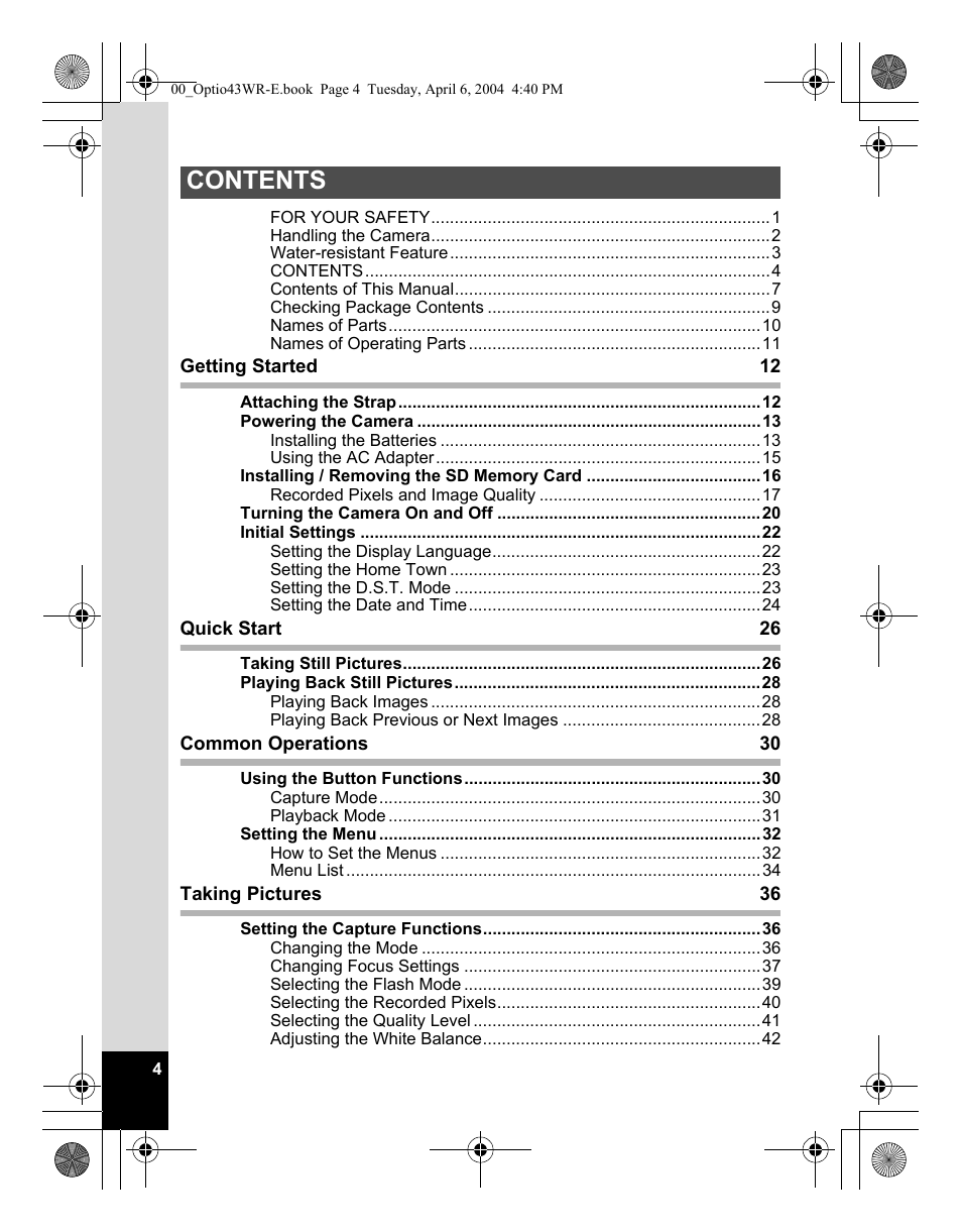 Pentax Optio Digital Camera 43WR User Manual | Page 6 / 128