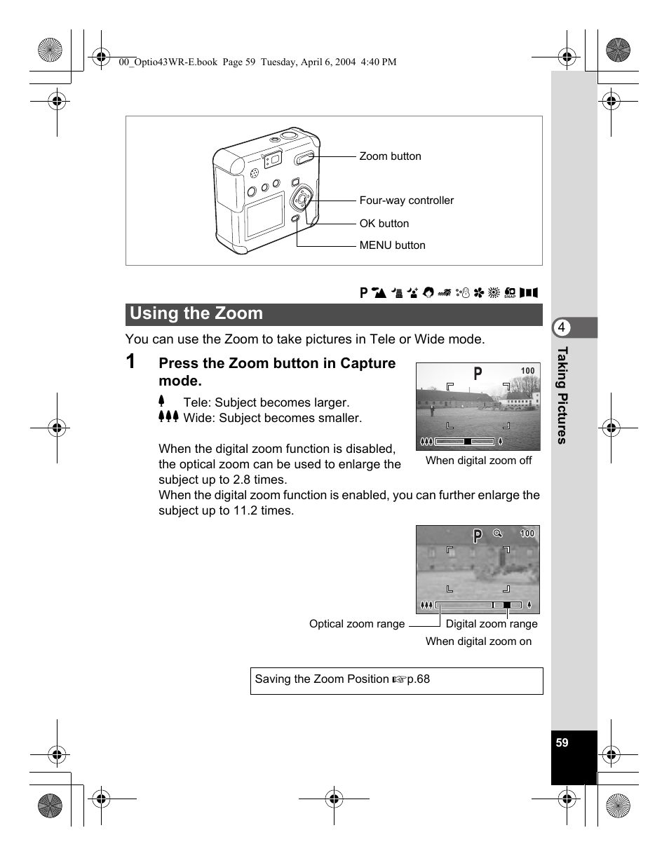 Using the zoom | Pentax Optio Digital Camera 43WR User Manual | Page 61 / 128