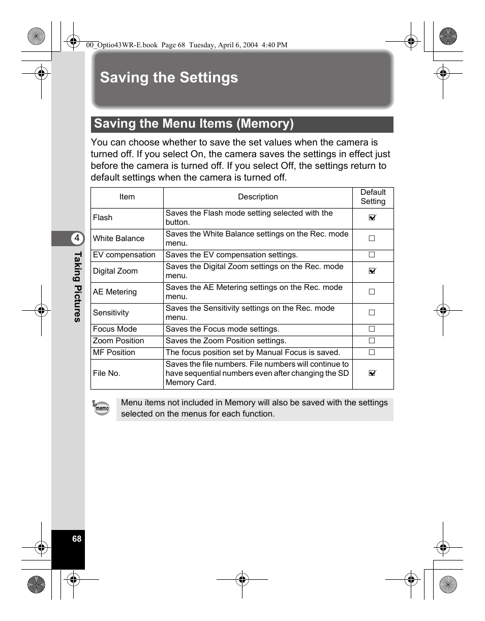 Saving the settings | Pentax Optio Digital Camera 43WR User Manual | Page 70 / 128