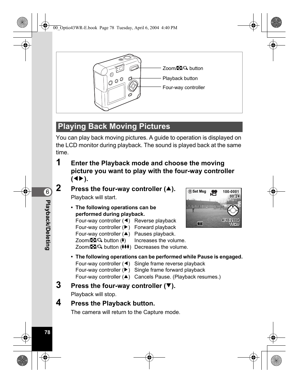 Playing back moving pictures | Pentax Optio Digital Camera 43WR User Manual | Page 80 / 128