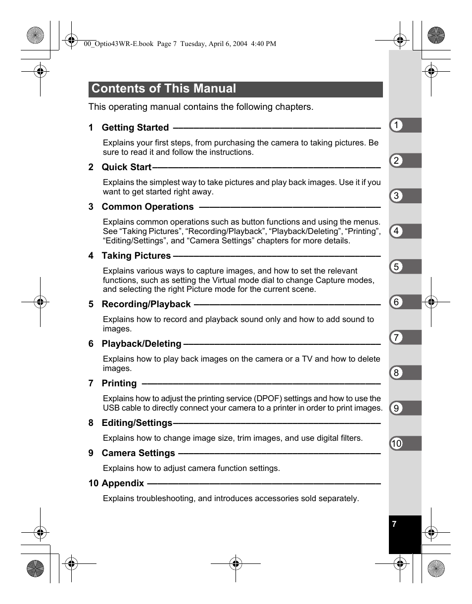 Contents of this manual | Pentax Optio Digital Camera 43WR User Manual | Page 9 / 128