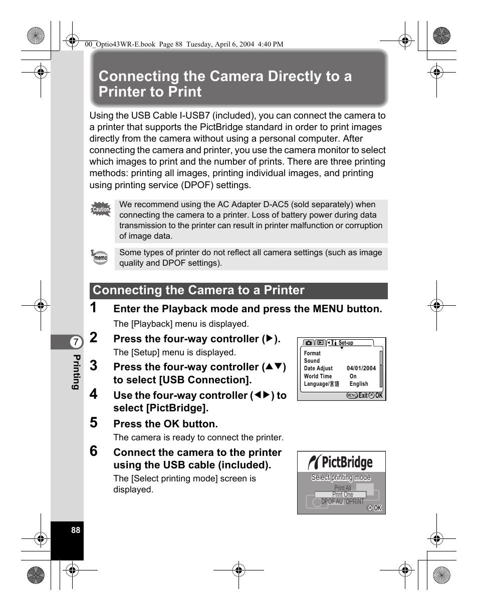 Connecting the camera to a printer | Pentax Optio Digital Camera 43WR User Manual | Page 90 / 128