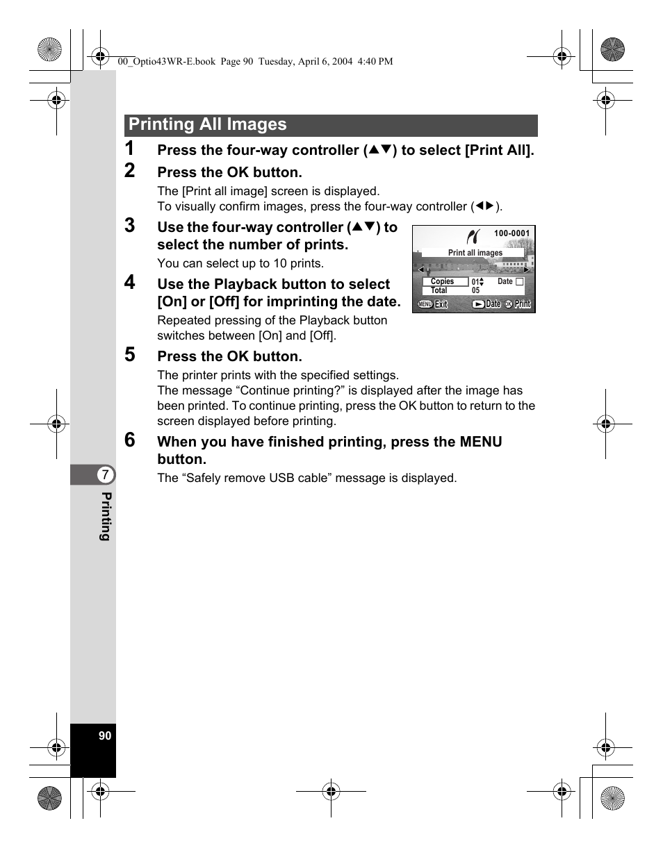 Printing all images | Pentax Optio Digital Camera 43WR User Manual | Page 92 / 128