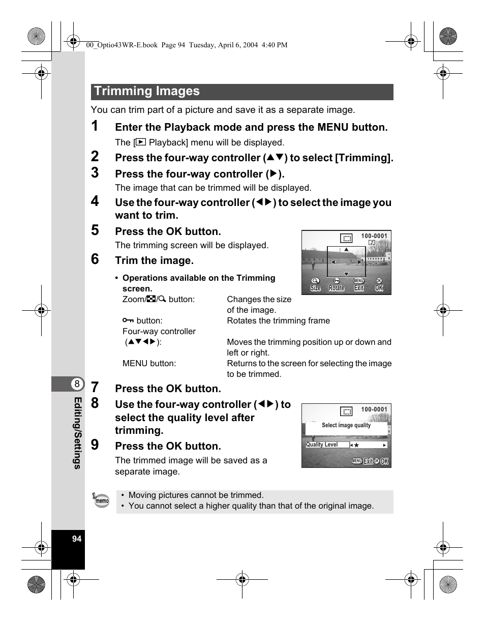 Trimming images | Pentax Optio Digital Camera 43WR User Manual | Page 96 / 128