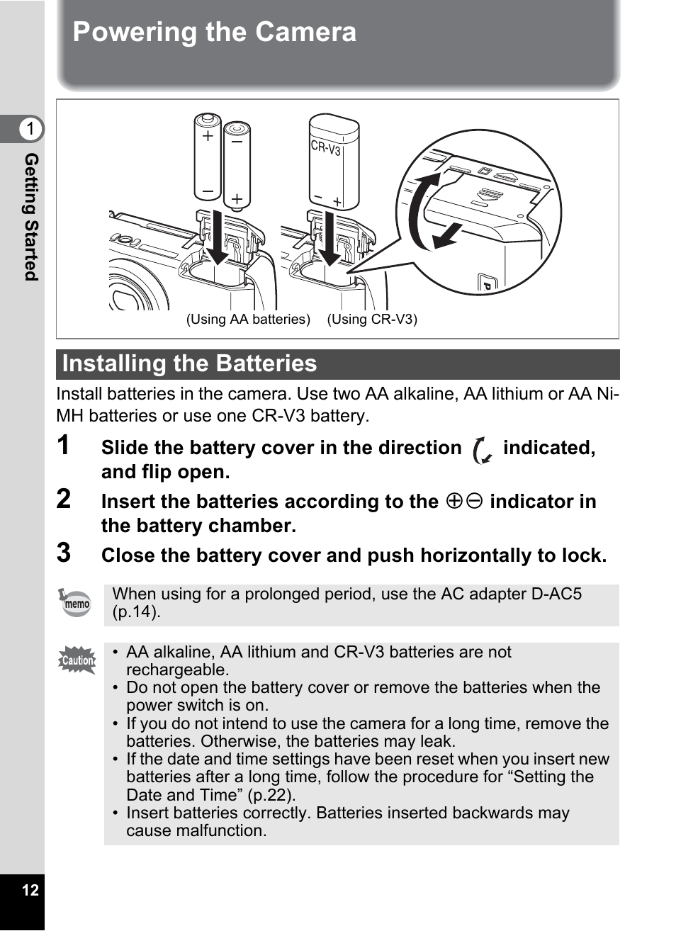 Powering the camera, Installing the batteries | Pentax Optio 33LF User Manual | Page 14 / 106