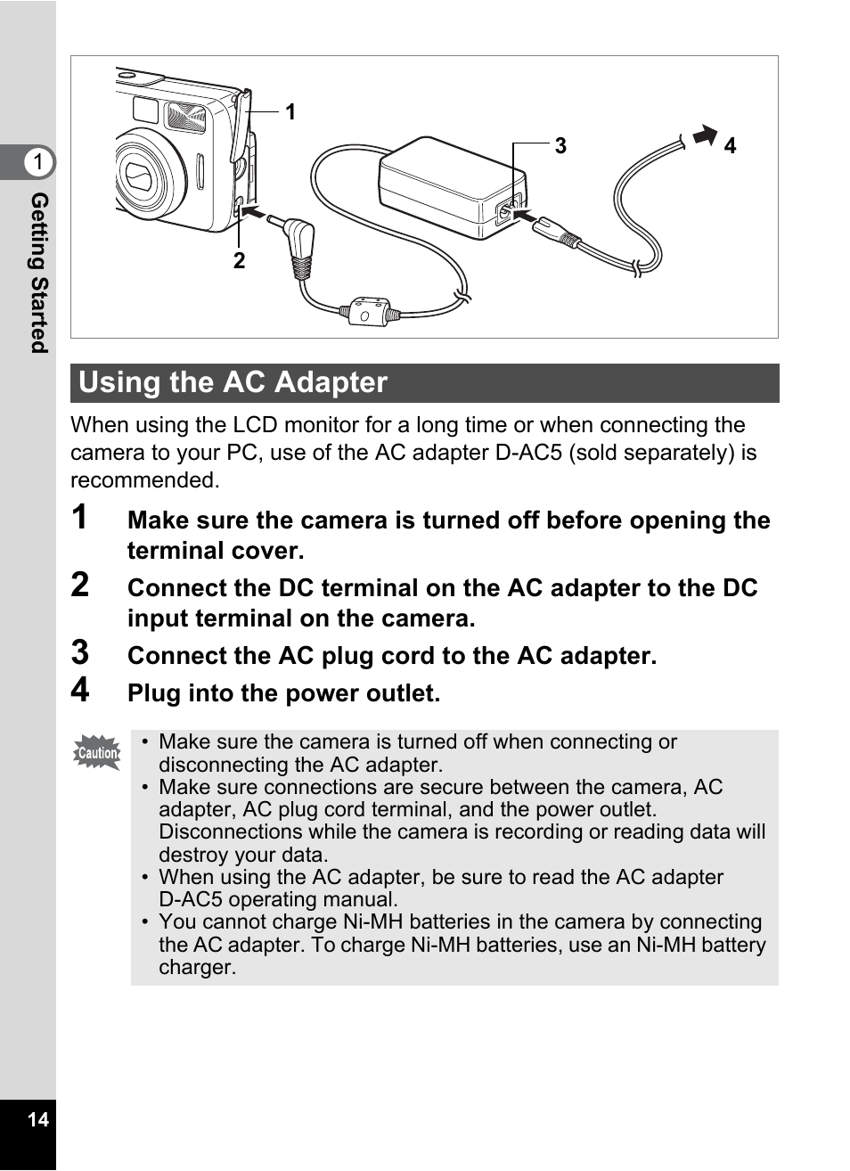 Using the ac adapter | Pentax Optio 33LF User Manual | Page 16 / 106