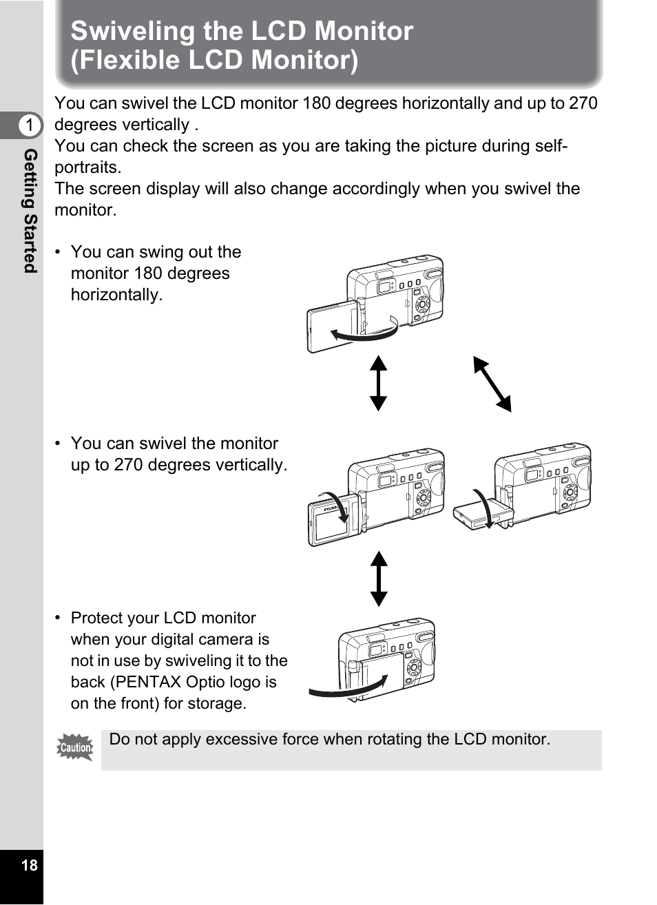 Swiveling the lcd monitor (flexible lcd monitor) | Pentax Optio 33LF User Manual | Page 20 / 106