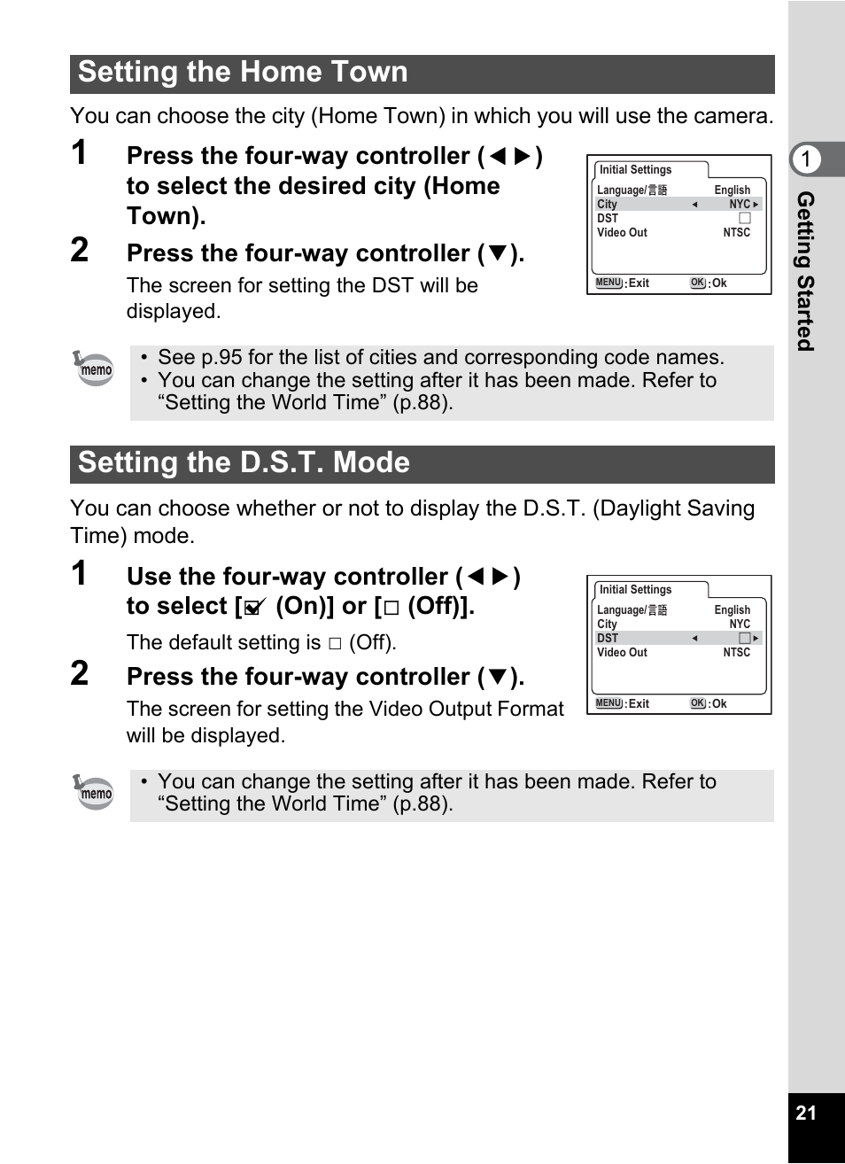 Setting the home town, Setting the d.s.t. mode, Press the four-way controller ( 3 ) | Pentax Optio 33LF User Manual | Page 23 / 106