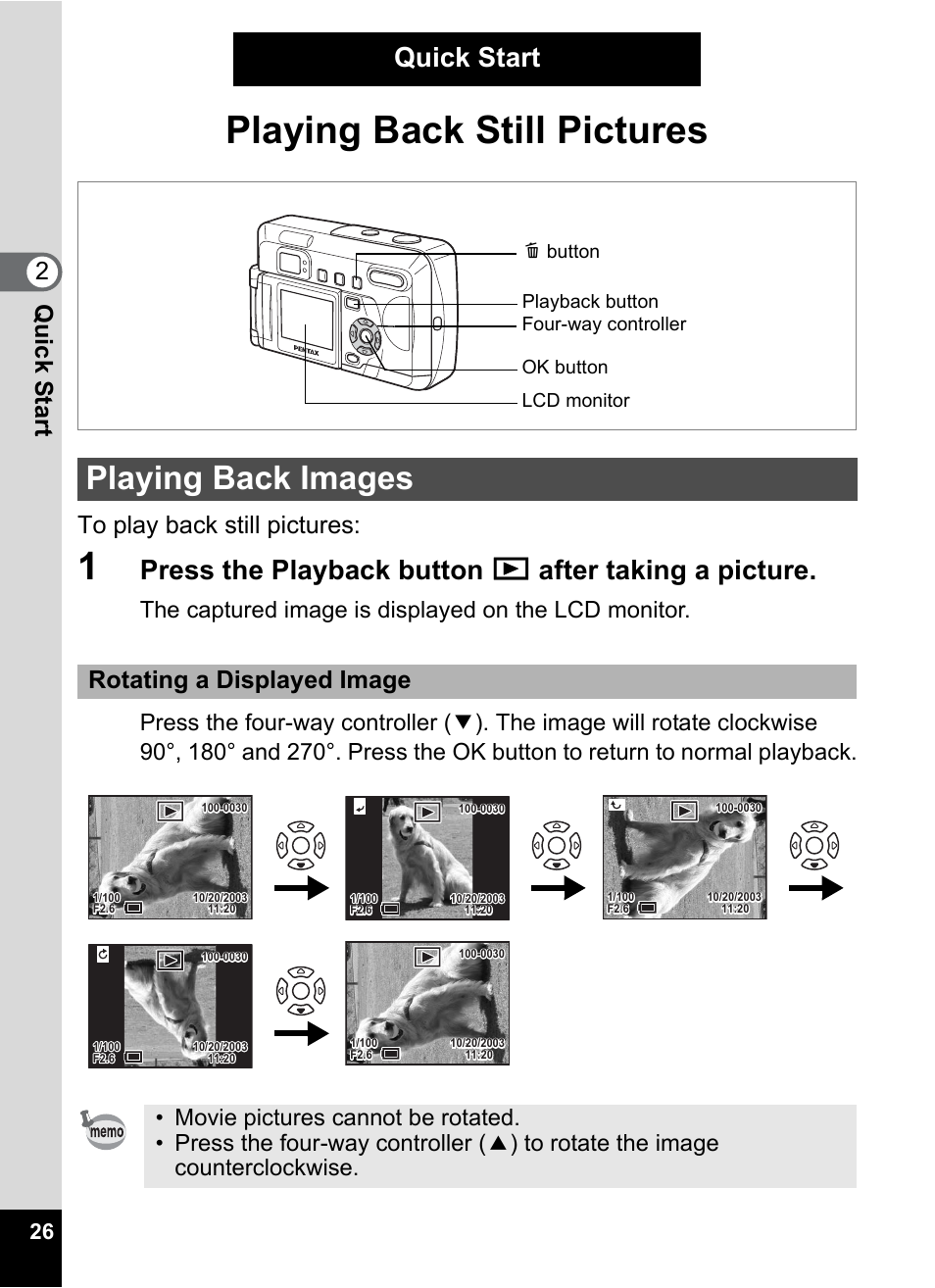 Playing back images, Playing back still pictures, Quick start | Press the playback button q after taking a picture, 2qu ick start, Rotating a displayed image | Pentax Optio 33LF User Manual | Page 28 / 106