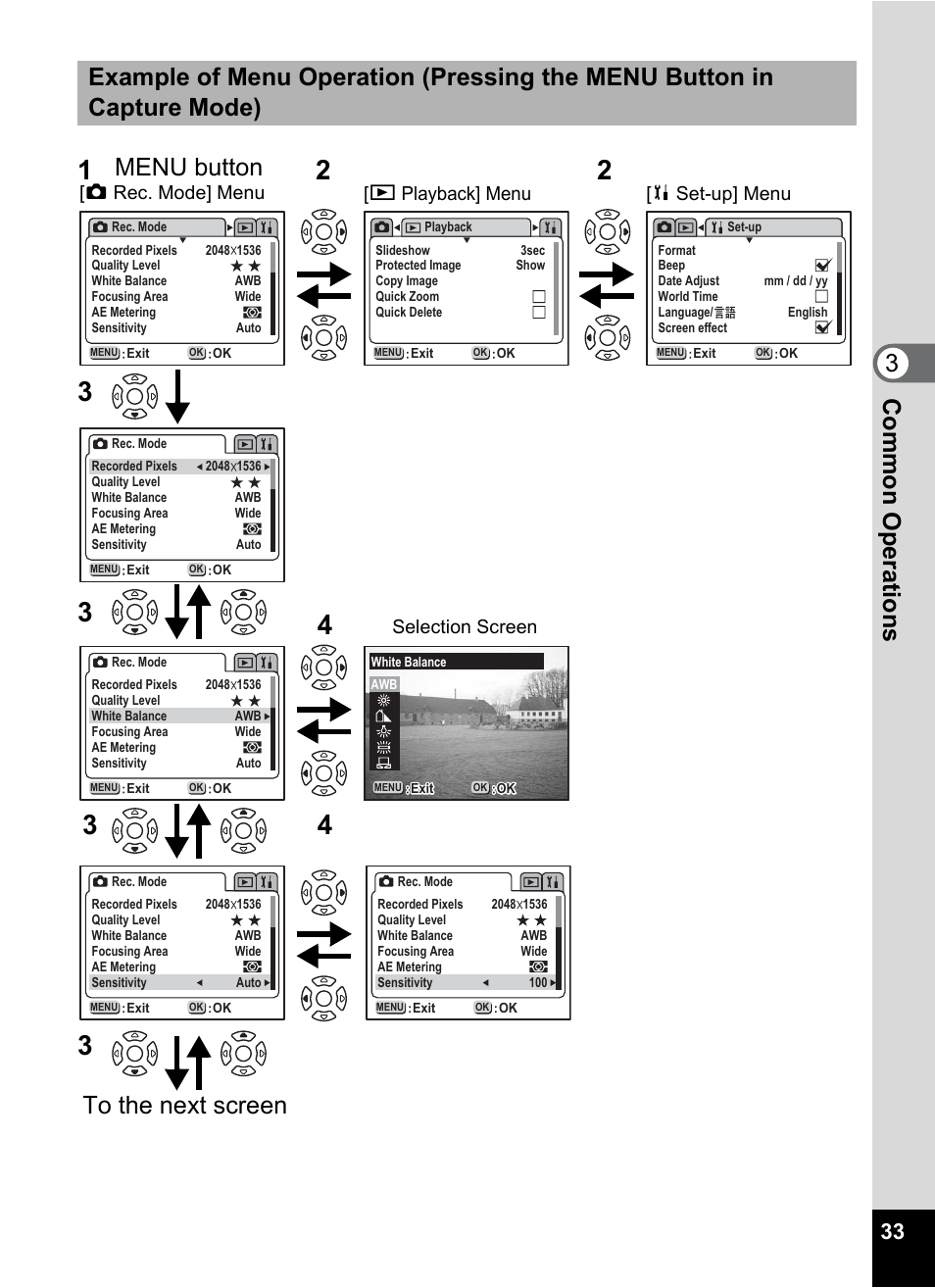 Menu button to the next screen | Pentax Optio 33LF User Manual | Page 35 / 106