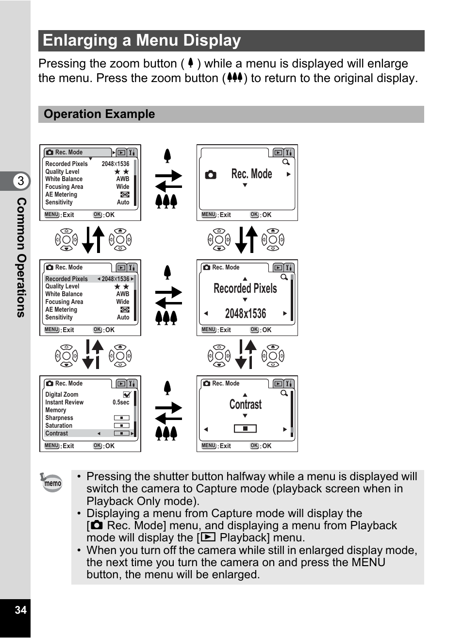 Enlarging a menu display, Rec. mode, Recorded pixels x | Contrast, Operation example | Pentax Optio 33LF User Manual | Page 36 / 106