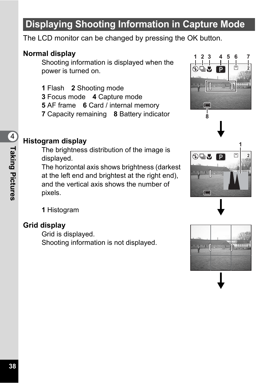 Displaying shooting information in capture mode, P.38) | Pentax Optio 33LF User Manual | Page 40 / 106