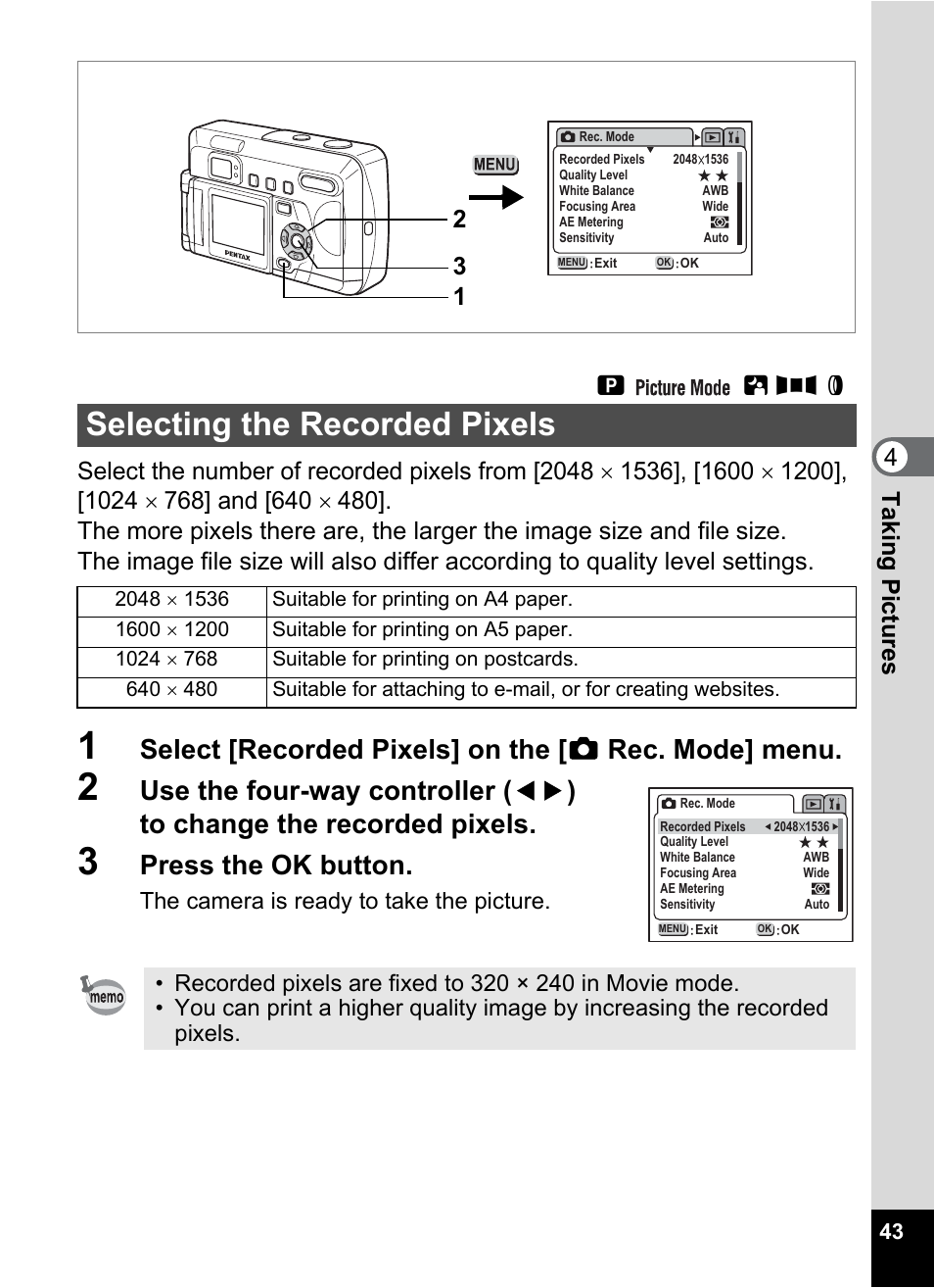 Selecting the recorded pixels, P.43, Press the ok button | Ab f d | Pentax Optio 33LF User Manual | Page 45 / 106