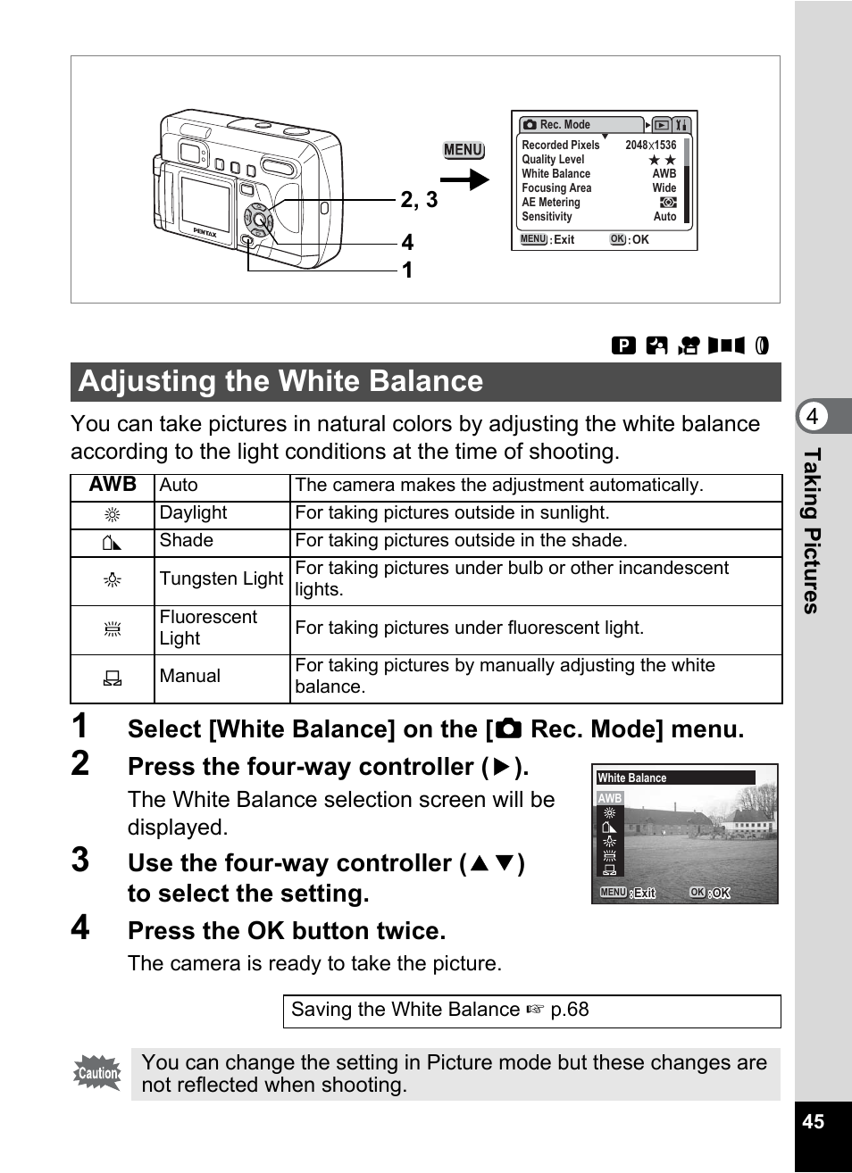 Adjusting the white balance, P.45, Select [white balance] on the [ a rec. mode] menu | Press the four-way controller ( 5 ), Press the ok button twice, Ab c f d | Pentax Optio 33LF User Manual | Page 47 / 106