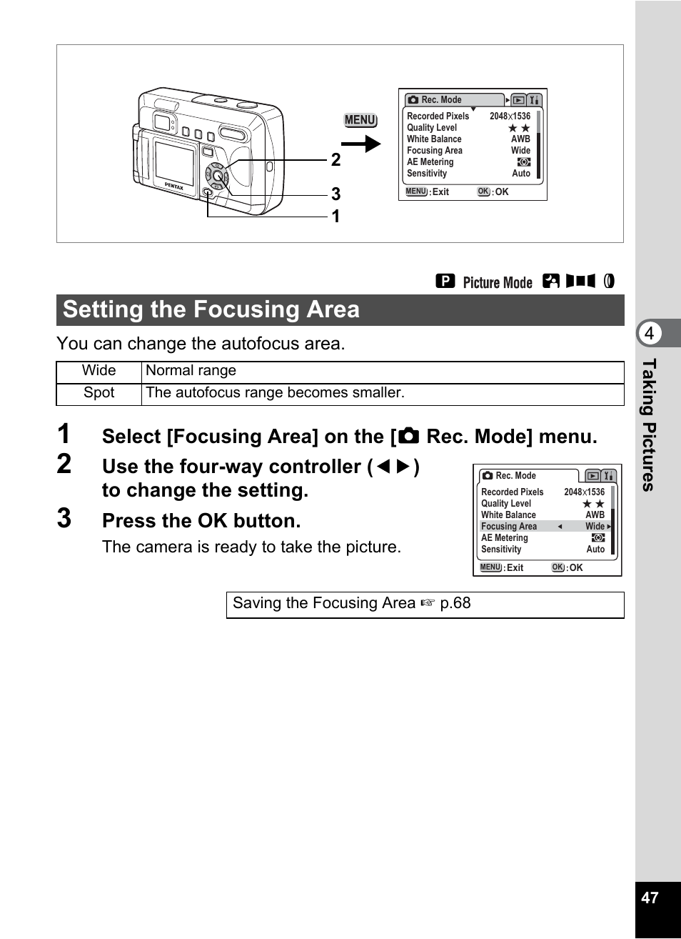 Setting the focusing area, P.47, Select [focusing area] on the [ a rec. mode] menu | Press the ok button, Ab f d | Pentax Optio 33LF User Manual | Page 49 / 106