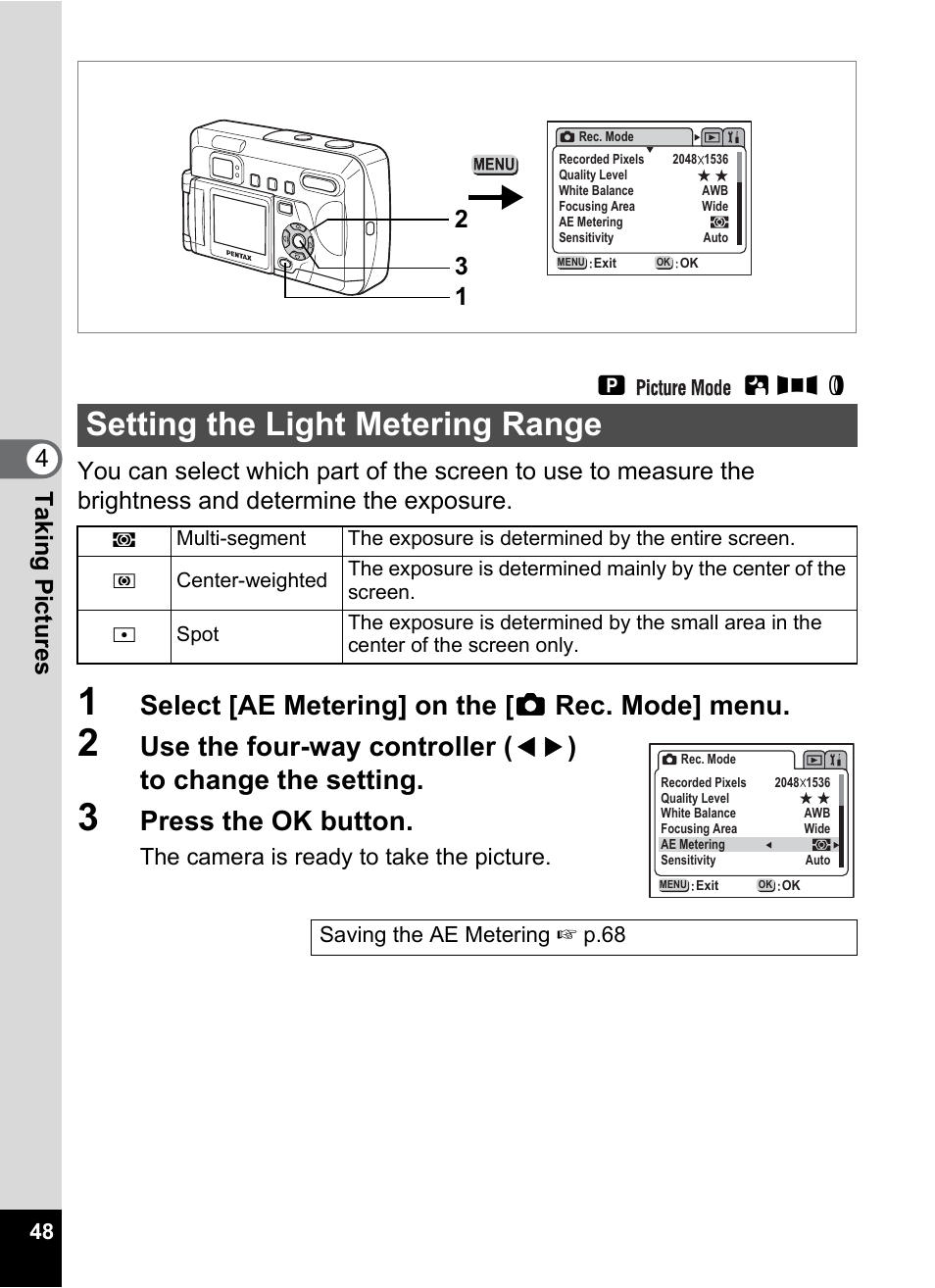 Setting the light metering range, P.48, Select [ae metering] on the [ a rec. mode] menu | Press the ok button, Ab f d | Pentax Optio 33LF User Manual | Page 50 / 106