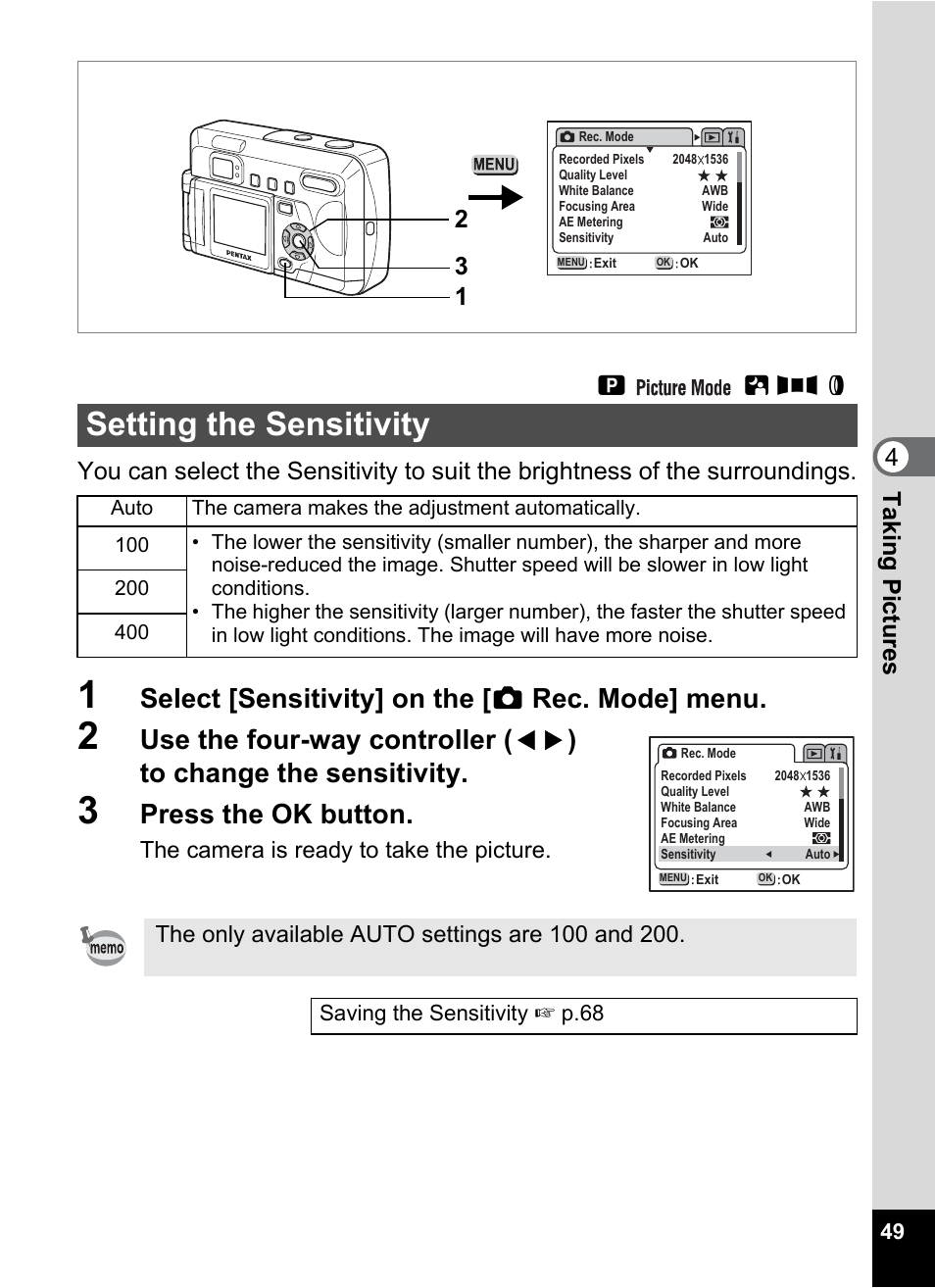 Setting the sensitivity, P.49, Select [sensitivity] on the [ a rec. mode] menu | Press the ok button, Ab f d | Pentax Optio 33LF User Manual | Page 51 / 106