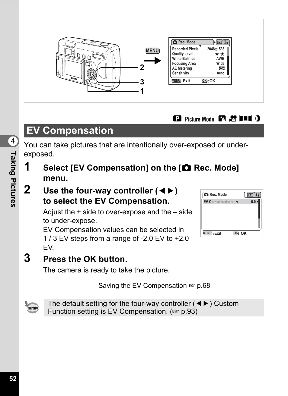 Ev compensation, P.52), P.52 | Press the ok button, Ab c f d | Pentax Optio 33LF User Manual | Page 54 / 106