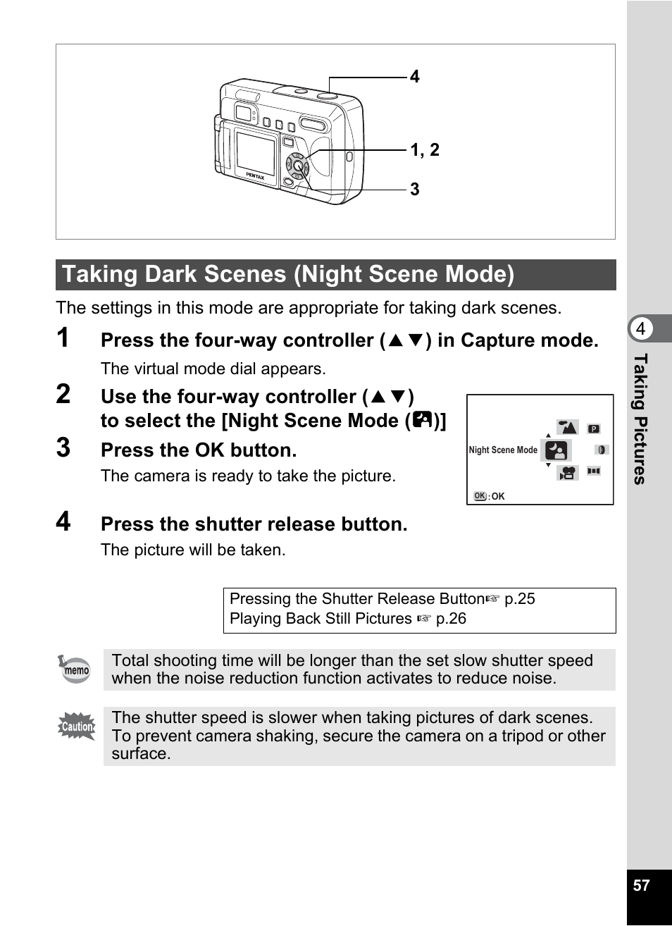 Taking dark scenes (night scene mode), P.57 | Pentax Optio 33LF User Manual | Page 58 / 106