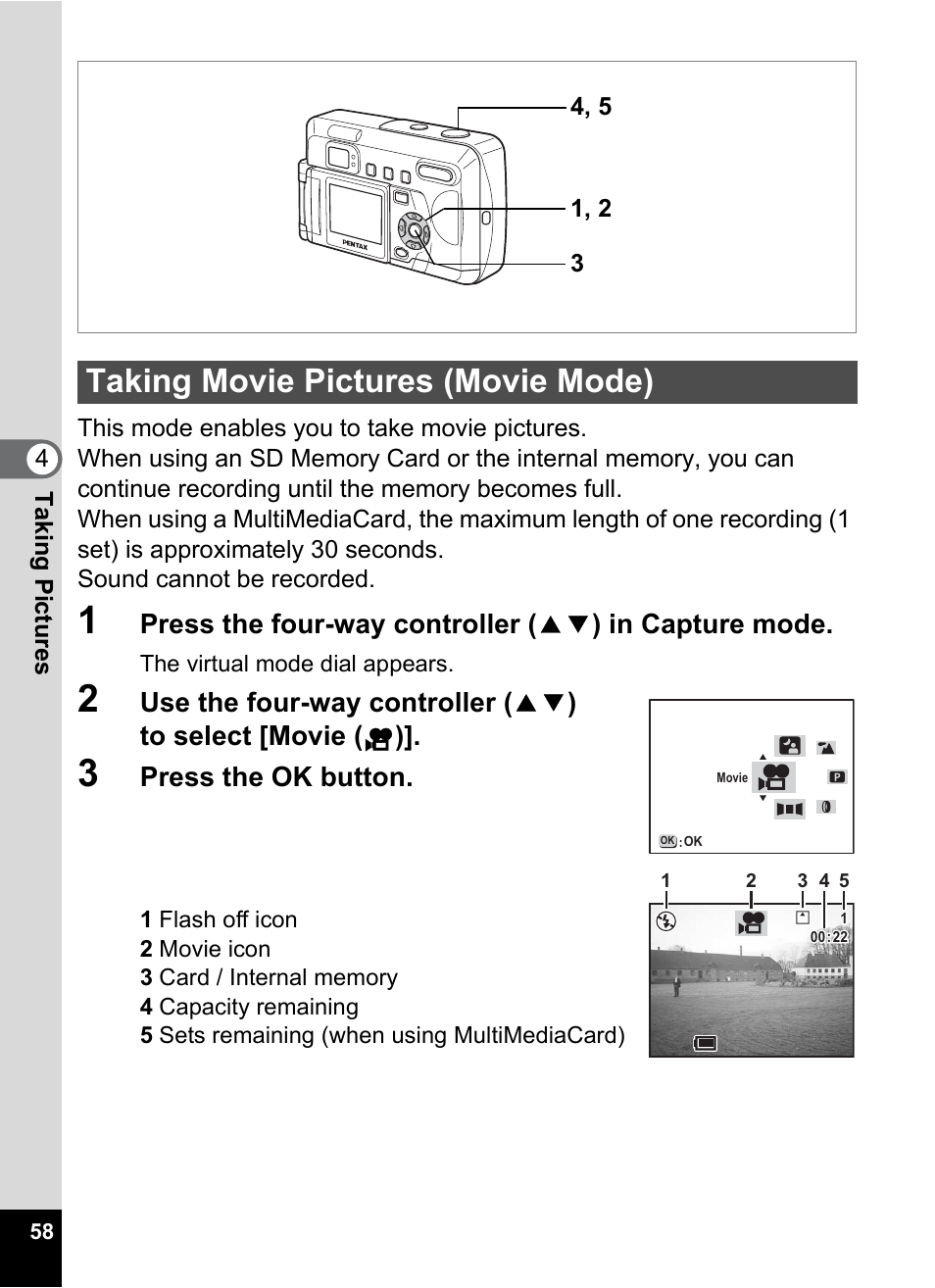 Taking movie pictures (movie mode), P.58, Press the ok button | Pentax Optio 33LF User Manual | Page 59 / 106