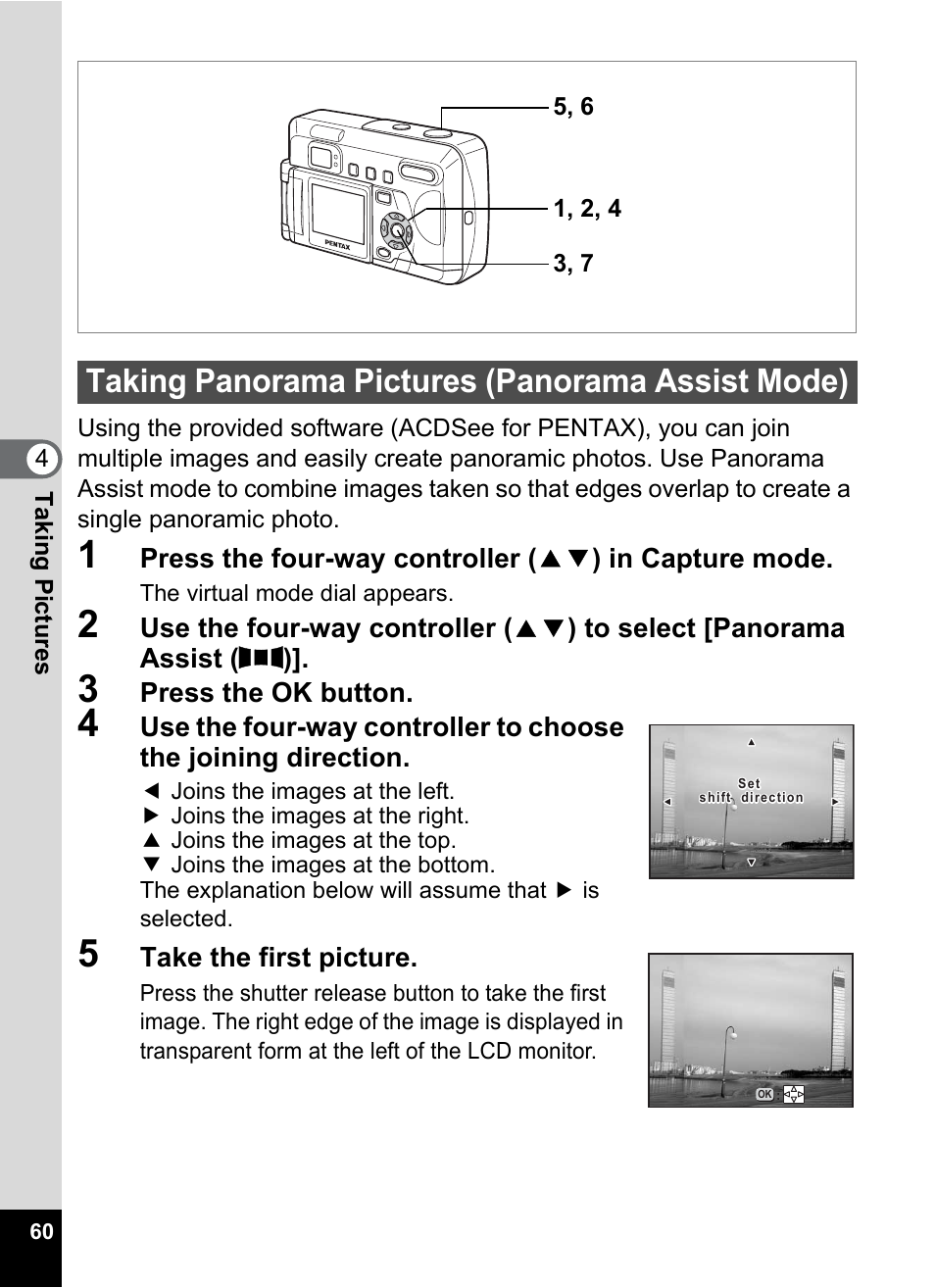 Taking panorama pictures (panorama assist mode), P.60 | Pentax Optio 33LF User Manual | Page 61 / 106